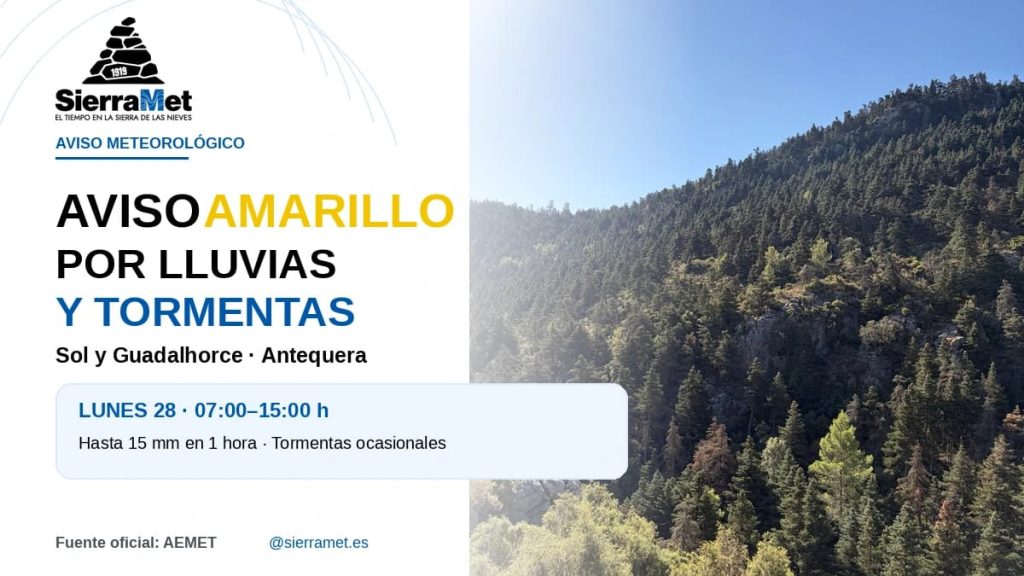 Cartel de SIERRAMET sobre el aviso amarillo de AEMET por lluvias en Sol y Guadalhorce y Antequera el 28 de septiembre de 2026, de 07:00 a 15:00 h.
