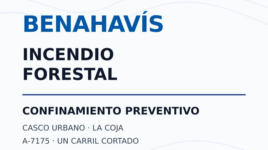 Carátula de SIERRAMET sobre el incendio forestal activo en Benahavís, con confinamiento preventivo y afección a la A-7175.