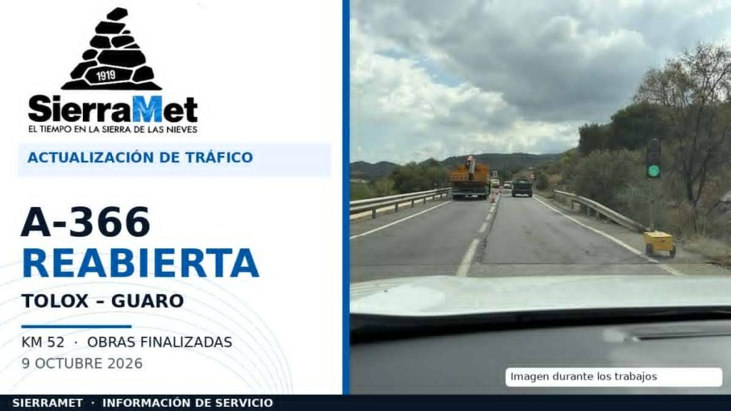 Carátula de SierraMet sobre la reapertura de la A-366 entre Tolox y Guaro, km 52, con fotografía tomada durante los trabajos