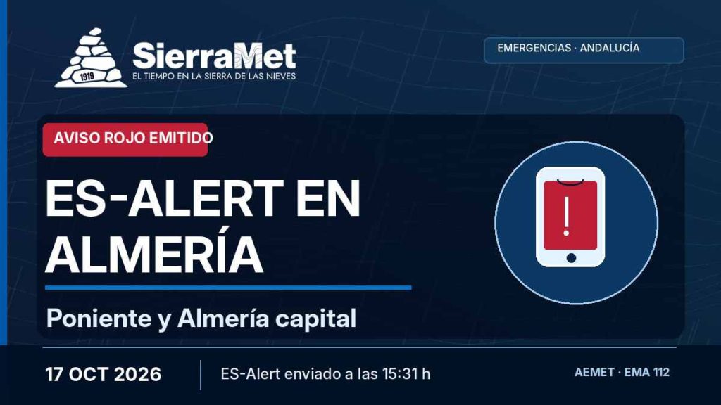Carátula de SierraMet sobre ES-Alert enviado a Poniente y Almería capital el 17 de octubre de 2026 a las 15:31, con aviso rojo por lluvias.